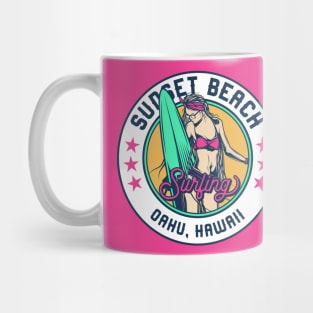 Retro Surfer Babe Badge Sunset Beach Oahu Hawaii Mug